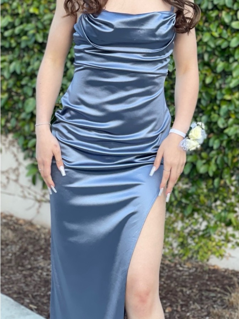 Satin Cowl Neck Slit Evening Dress in Steel Blue
